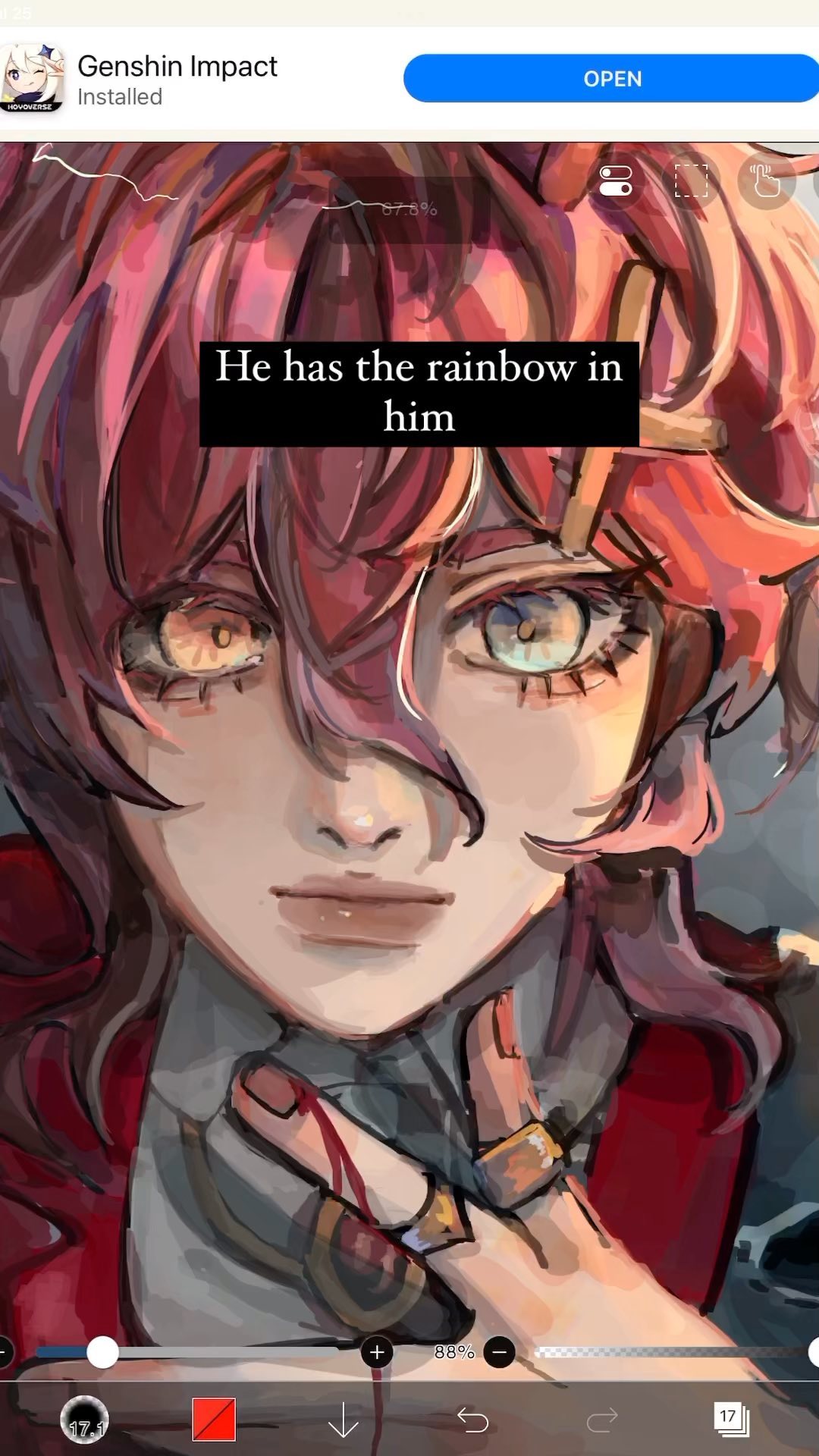 he image is a digital painting of a male character, seemingly inspired by the art style of the video game genshin impact. the character has long, vibrant red hair with hints of pink and orange, and striking eyes that reflect a range of colors suggesting a rainbow.  the closeup portrait emphasizes the character's expressive eyes and the details of his face. he is depicted clutching his neck, with a visible streak of blood, adding an element of drama and suggesting a possible injury or emotional distress. the background is a blurred mix of similar colors to the hair, creating a soft focus that keeps the attention on the character. a text overlay reads "he has the rainbow in him," which seems to connect to the character's colorful eyes.  the image shows the art in a digital art program with editing tools visible at the bottom.  the top of the image shows a genshin impact app icon and the word "installed", indicating the source of inspiration.