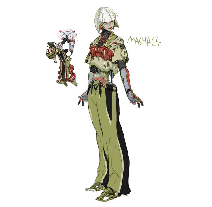 a digital illustration of a female anime character with white hair and wearing a green and black outfit. she is holding a red and silver weapon. the illustration is set against a white background and the text "mashaak" is printed in the top right corner.