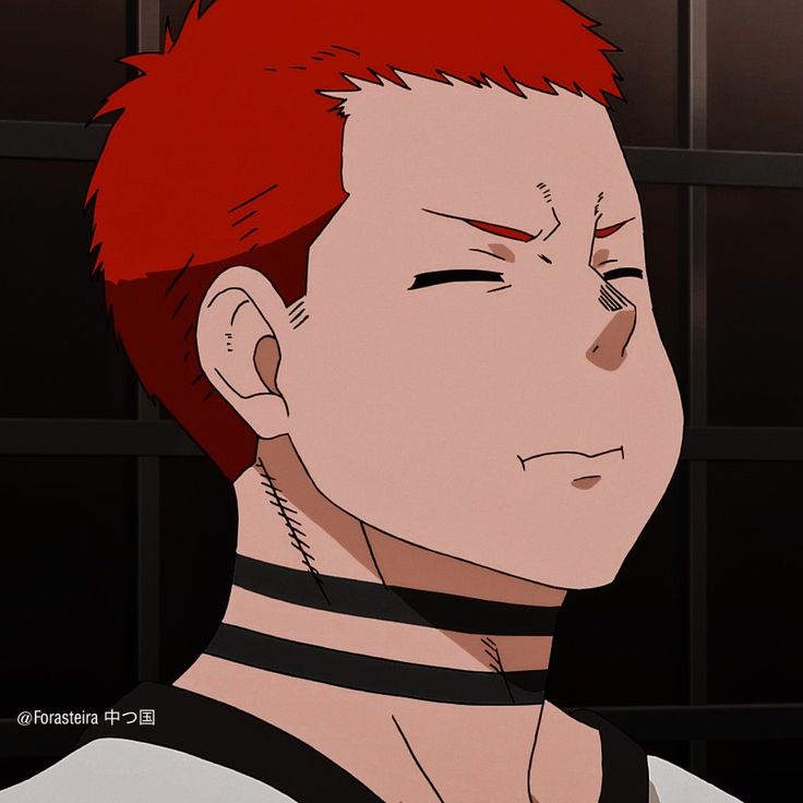 an anime character with red hair and closed eyes. they are wearing a black choker and are looking down at the floor. the background is dark. the character has dark skin and red eyes.