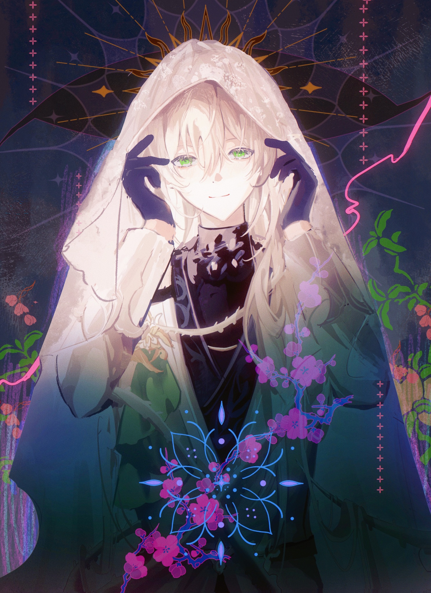 an anime girl with long blonde hair and green eyes is wearing a white hood, black gloves, and a green and black outfit. the girl is standing in front of a blue flower with pink petals. the background is a dark purple with a pink line and a pattern of white plus signs.