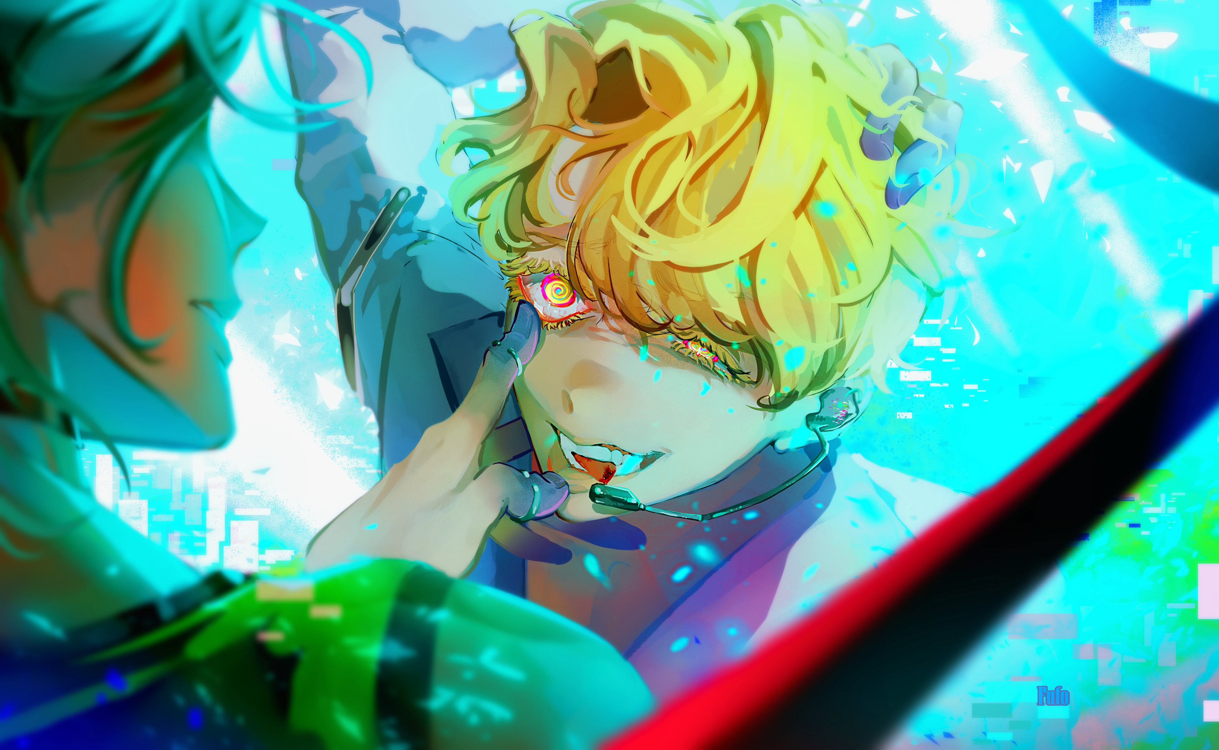the image is a vibrant digital painting in an anime style, depicting two characters in a close, intense interaction. the focal point is a young man with bright blond, spiky hair whose eye displays a hypnotic, swirling pattern. his expression is both fearful and excited, with an open mouth.  another character, seemingly with teal hair, is partially visible, their hand gently touching the blond man's face. the background is a mix of turquoise and blue hues with a digital glitch effect, giving the scene a surreal and futuristic feel. the overall mood is intense and emotional, possibly suggesting a supernatural or fantasy element. the style is highly expressive, focusing on dynamic line work and saturated colors.