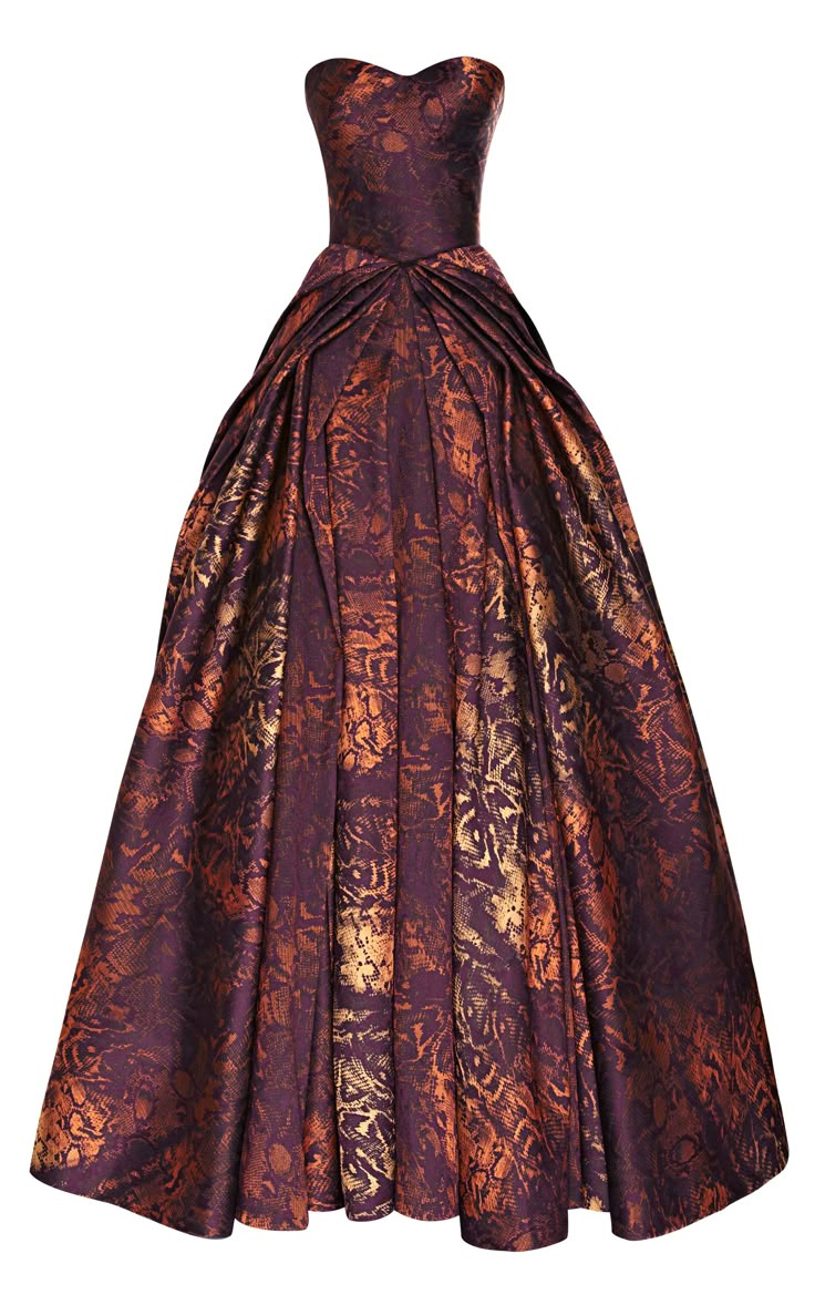 a floorlength strapless gown with a sweetheart neckline and a full, pleated skirt. the dress has a dark purple base color and a gold pattern throughout. the material appears to be jacquard or a similarly textured fabric. the dress is presented against a plain white background.