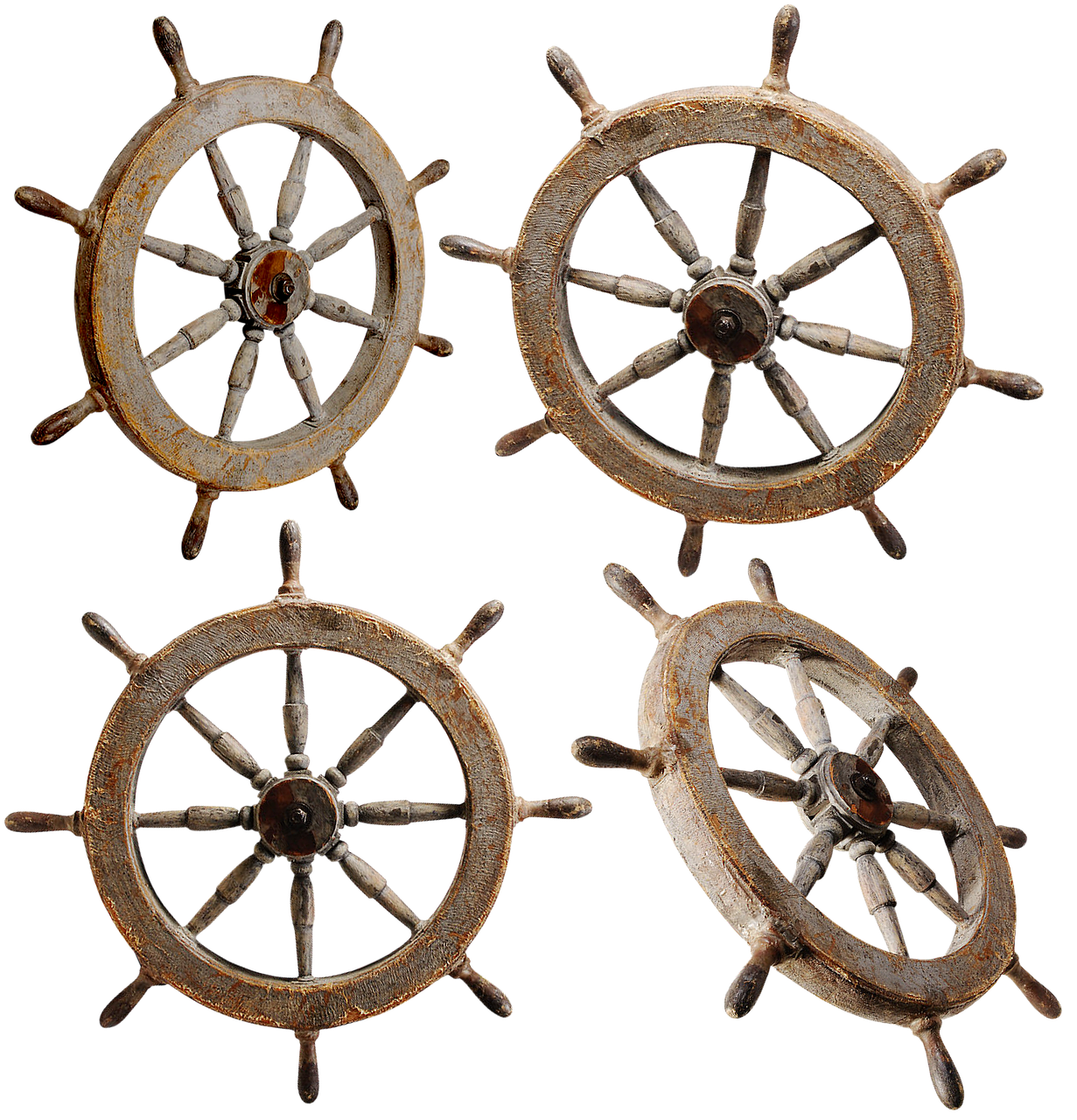 the image shows four vintage ship wheels on a black background. the wheels are made of wood and have a rusty appearance. they are positioned in a square arrangement with varying angles.