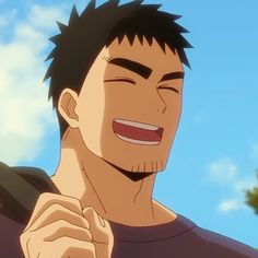 a closeup depiction of a young man with short, dark hair.  he is smiling brightly with his eyes closed, conveying a sense of joy and contentment. the setting appears to be outdoors with a clear blue sky visible. the art style is characteristic of anime or manga.