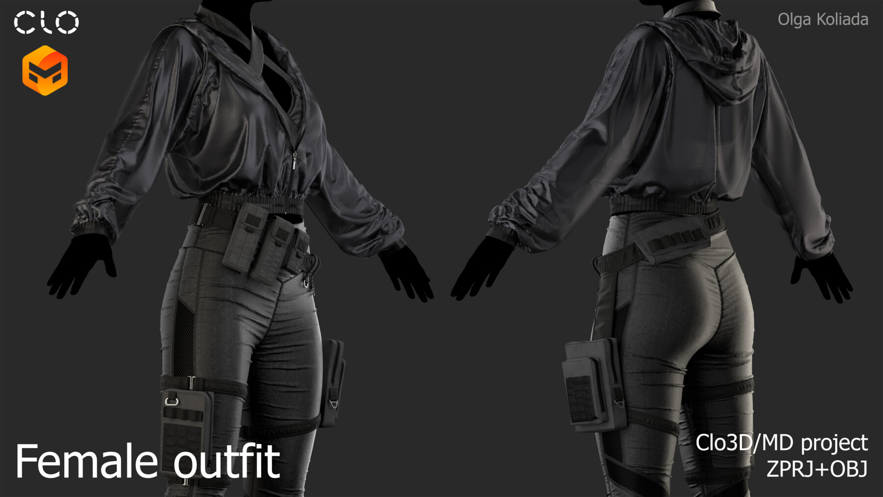 this is a 3d model of a female outfit in a futuristic style. the model is wearing a black jacket and pants with a variety of pouches and straps. the model is rendered in clo3d.  this is a 3d model project file that comes in zprj and obj formats.