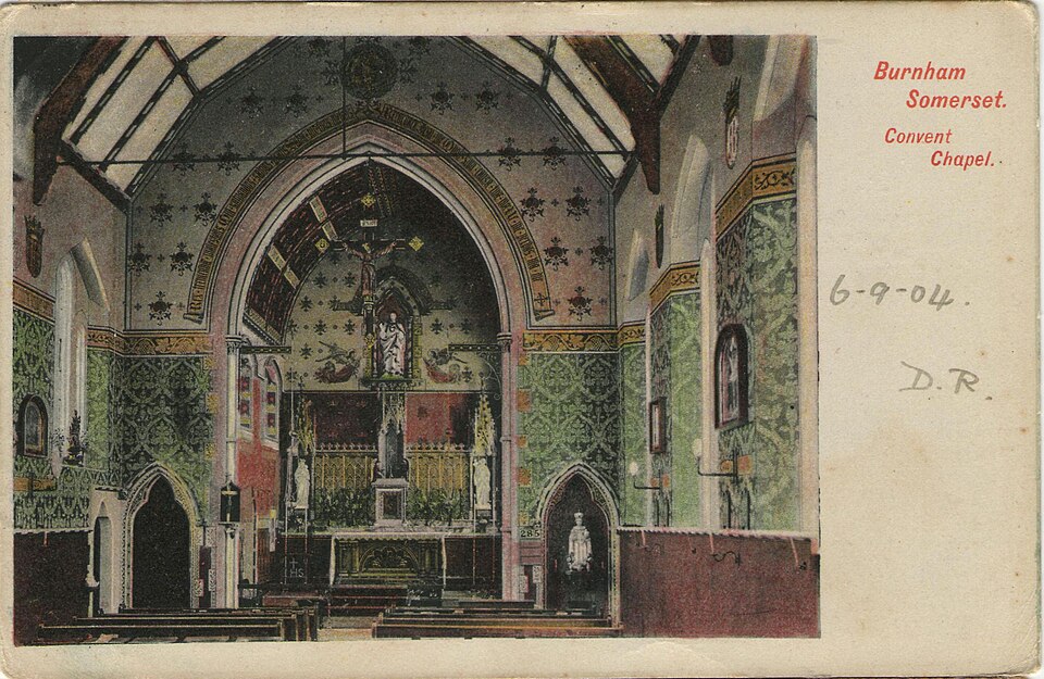 the image is an old postcard featuring the interior of the convent chapel in burnham, somerset. the chapel showcases gothic architecture with arches, stained glass, and religious statues. there's an altar in the front, and pews for seating. the postcard has text on the right, including the location "burnham somerset," the name "convent chapel," a date "6904," and the initials "d.r." the image has a vintage appearance.