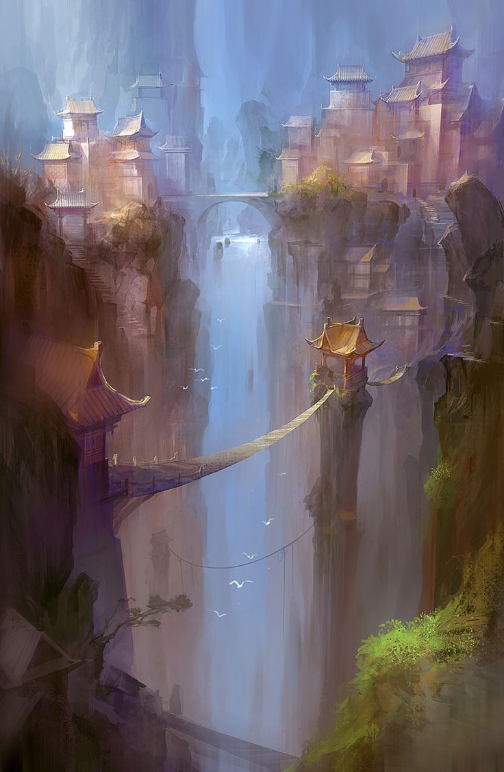 the image shows a fantasy landscape with asianstyle buildings perched on cliffs and connected by bridges. a waterfall flows between the cliffs, and a mist hangs in the air.