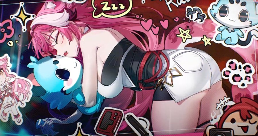 this is an animestyle illustration of a girl with pink hair and cat ears sleeping soundly while cuddling a blue plushie. she's dressed in a white and black outfit. the background is filled with colorful stickers of various shapes and sizes, including hearts, stars, and cute animal characters.