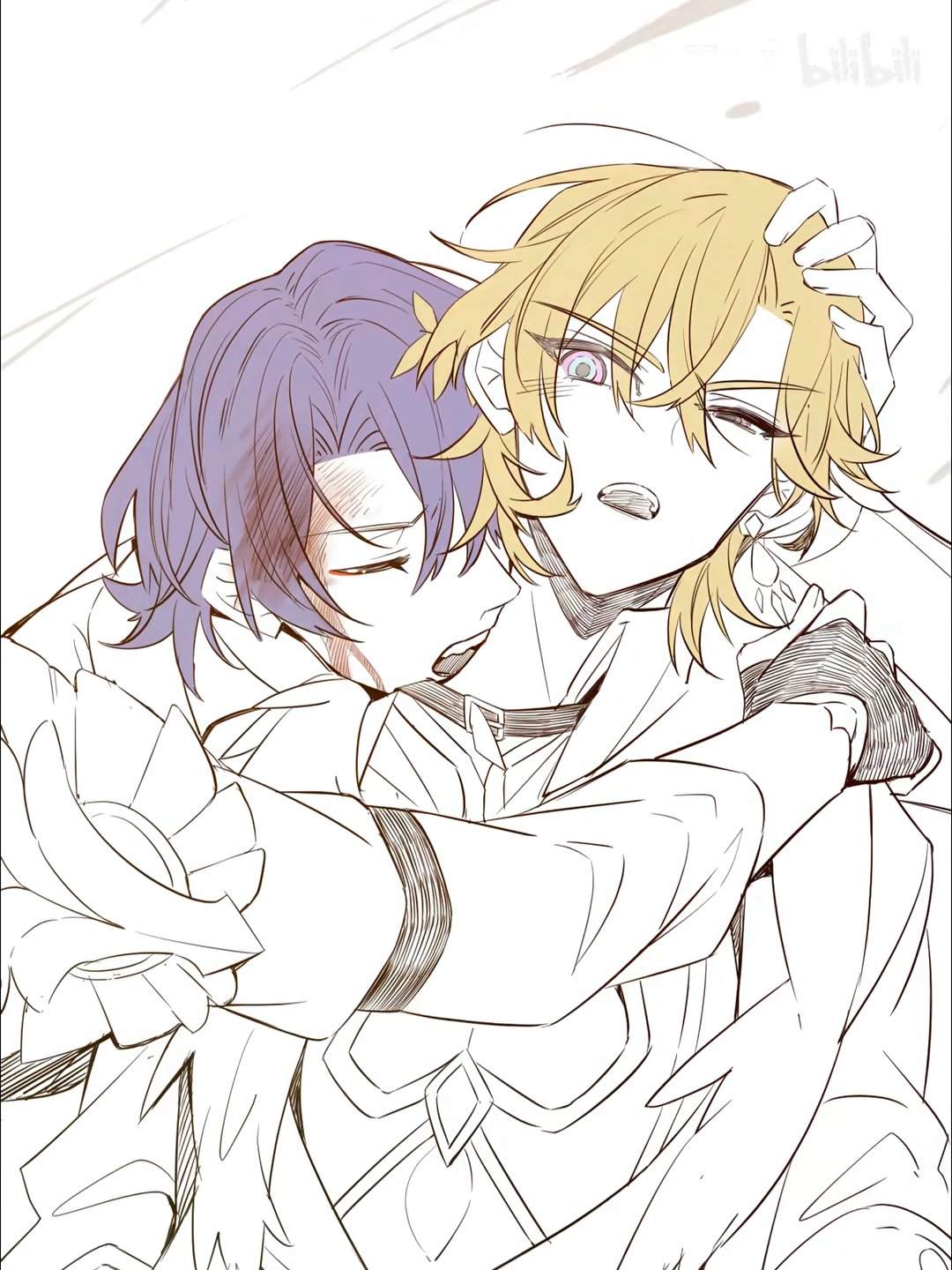 he image is a line drawing of two young men embracing.  the style is reminiscent of anime or manga, with delicate lines and a soft color palette of sepia tones. one man has purple hair and the other has blond hair. they are very close, almost clinging to each other, suggesting a romantic or intimate relationship. the drawing is focused on their embrace, and the details of their clothing are simplified. the overall mood is tender and affectionate.