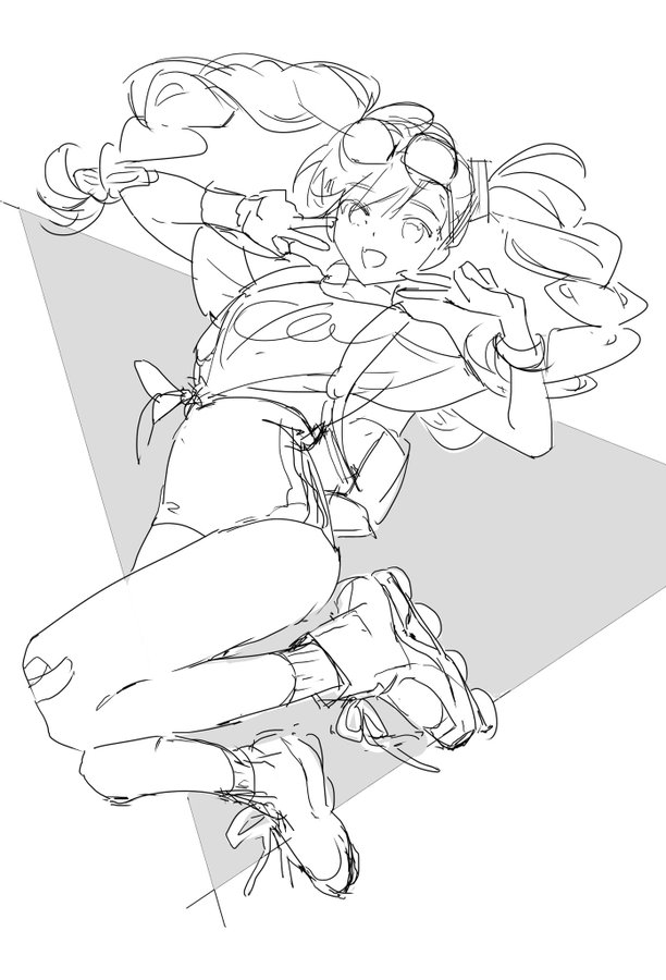 a sketch of a girl falling on her rollerblades, with her arms outstretched and her hair flying behind her. the drawing is done in black and white, and has a dynamic and actionpacked feel.  the lines are loose and freeflowing, giving the impression of movement.