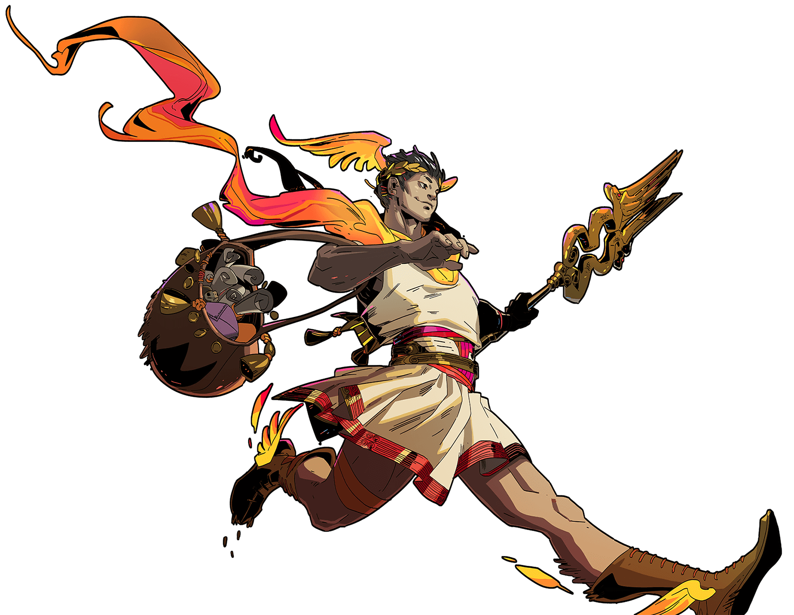 a digital illustration of a male character in a fantasy setting. the character is dressed in a white toga with yellow accents and leather boots. he has a staff with golden wings on the top. the character has short black hair and brown eyes. he is running and has a cape behind him. he appears to be a god from greek or roman mythology. the image has a comic book style and is in the style of graphic novel art.