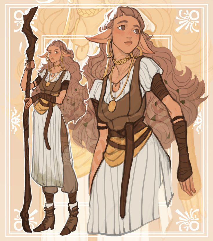 the illustration depicts two female elf characters in fantasy settings. both characters have long brown hair and are dressed in white and brown outfits. the character on the left is holding a wooden staff and wearing a white dress with brown accents. the character on the right is wearing a white dress with brown accents and a leather belt with gold embellishments. both characters have gold jewelry and appear to be ready for adventure.