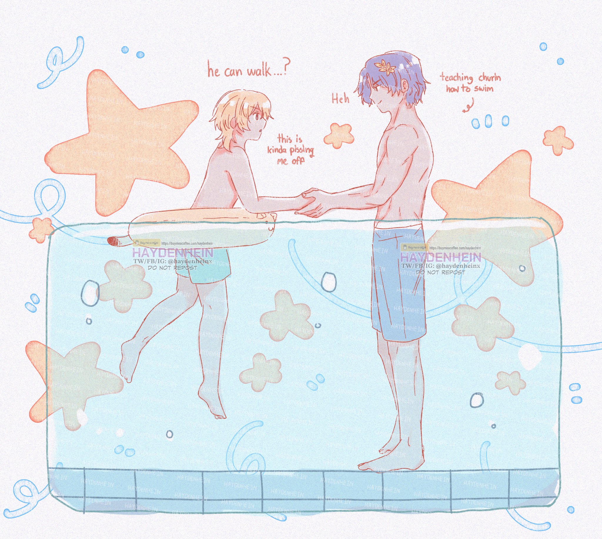 this is a cartoon illustration of two anime boys swimming in a pool. the boy on the left is blonde with blue eyes. he is smiling and sitting on an inflatable pool noodle. the boy on the right is wearing blue swim trunks and has blue hair and eyes. he is smiling and talking to the blonde boy. the background is a pale blue with lots of little stars and bubbles. the image is very cute and fun.