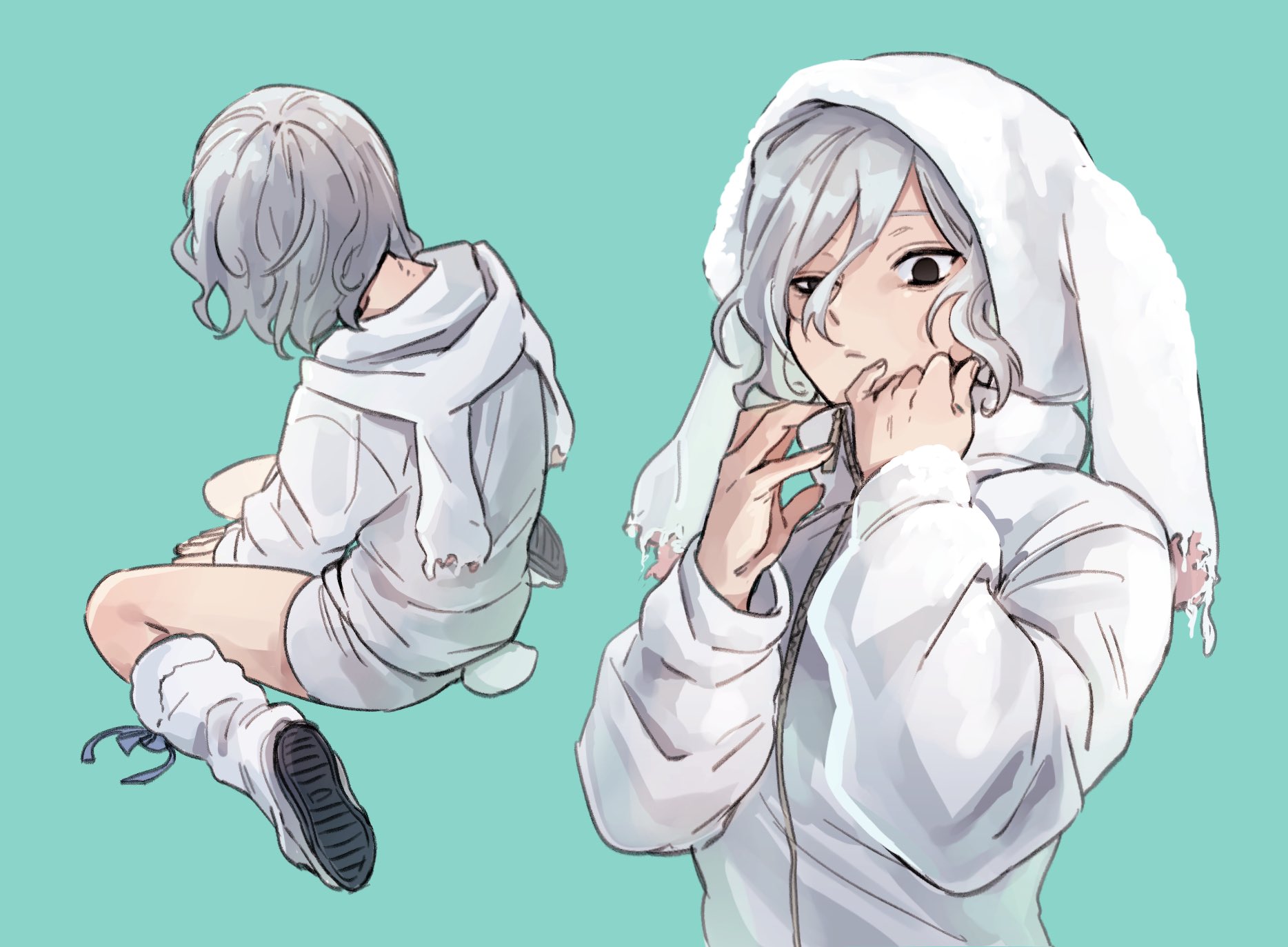 he image contains a digital drawing of an animestyle girl. she is depicted twice; once sitting and once standing and posed. both versions show her wearing a white hoodie with bunny ears attached. her hair is gray and styled in a short, slightly messy cut.  the art style is soft, with light and pastel colors, giving the illustration a gentle, calming feel. the background is a plain teal color.