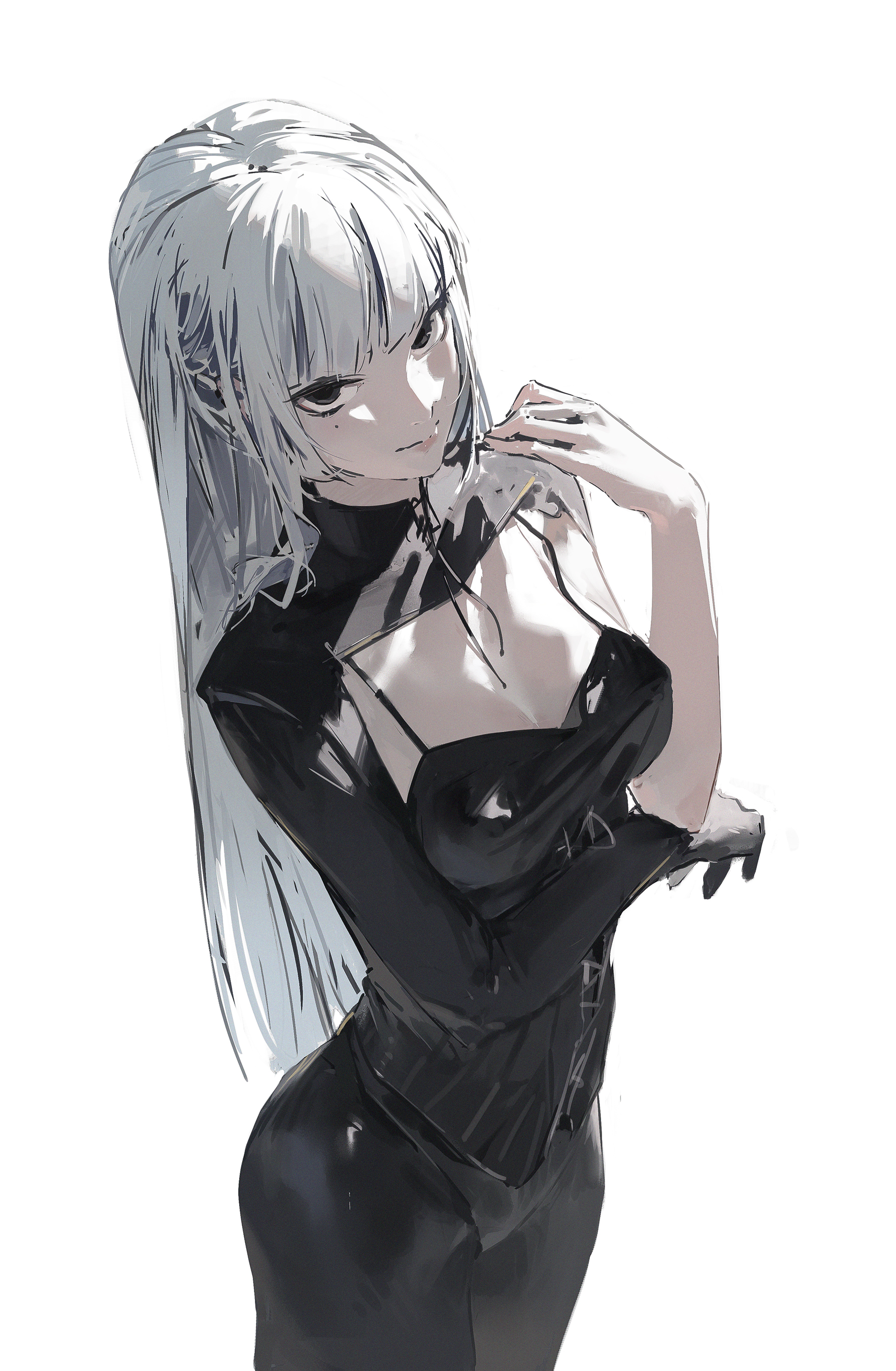 a young anime woman with long white hair and black attire looks at the viewer with a mischievous expression. her black dress is a corset with a leather texture. she has a gloved hand on her shoulder, suggesting she's just finished adjusting it. the white background helps draw attention to her outfit and facial expressions.