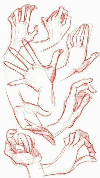 a drawing of multiple hands in different poses, with red pencil lines outlining the forms. the hands are drawn in a dynamic style, with overlapping lines and curves. the drawing is likely a study of hand anatomy and gesture.