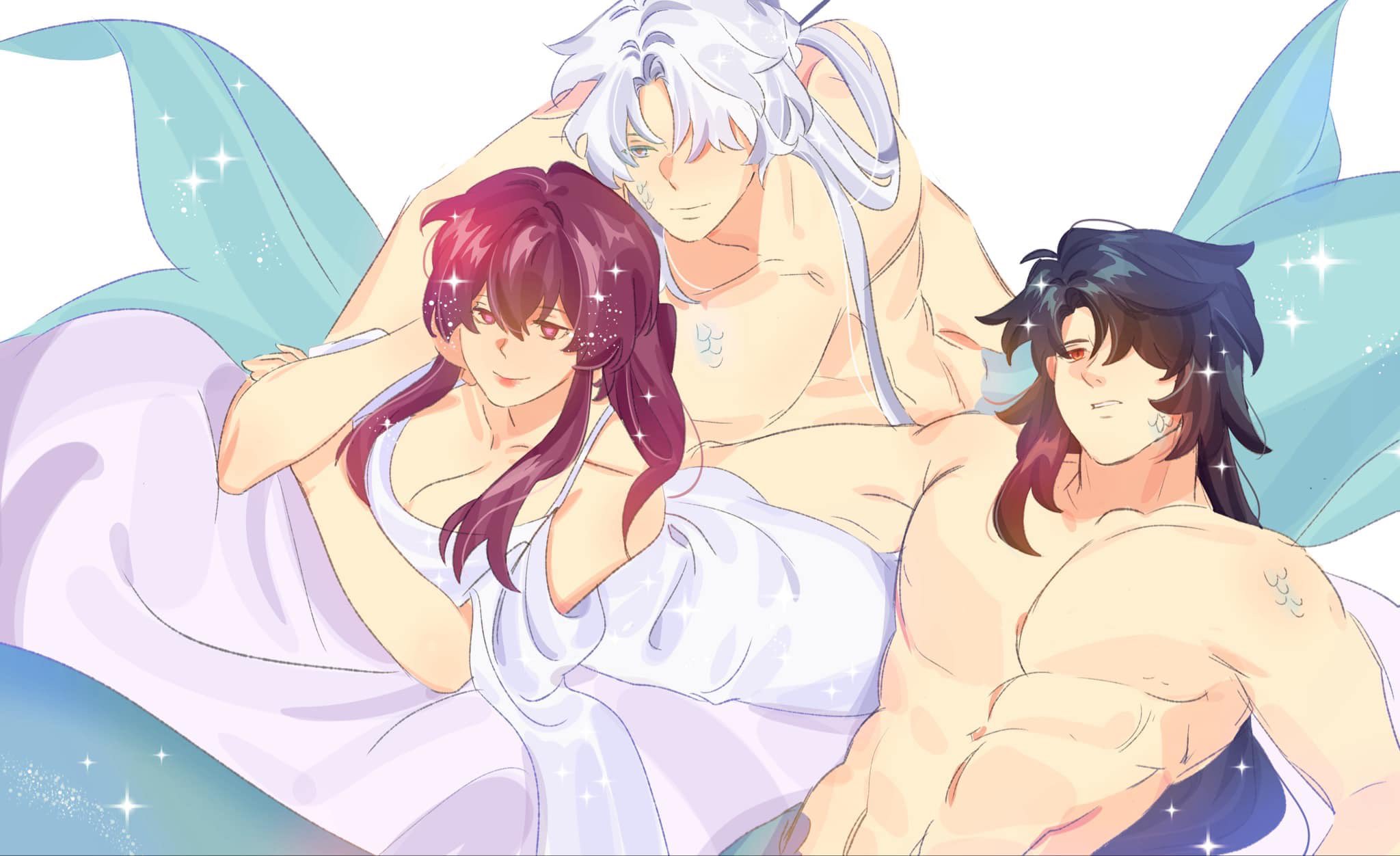 this is an anime illustration of a mermaid couple with a third character in the background. the couple is