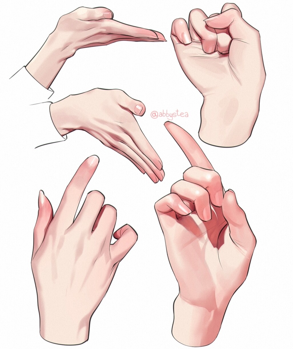 the image showcases six studies of hands in various poses against a clean white background. each hand is realistically rendered with attention to detail in anatomy, shadow, and light. the artist aims to provide helpful references for understanding hand structure and dynamic posing in art.