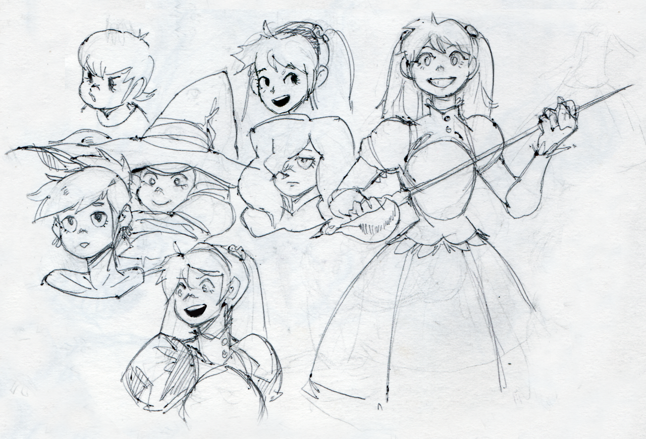 this is a black and white sketch of a group of anime characters. they are all girls with different styles, and they are all smiling and looking happy. some are wearing hats, and some are holding instruments. the characters are drawn in a whimsical style, with lots of expressive lines. the art is clearly a sketch, with rough lines and a sense of movement.