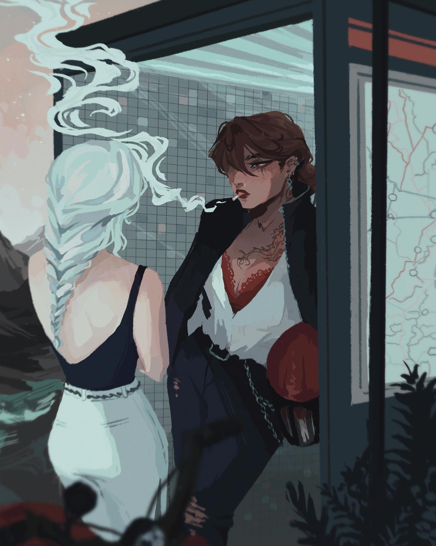 the digital painting showcases two female characters at a nighttime bus stop.  one woman, with long, braided, light grey hair, is seen from behind wearing a white dress.  the other woman, with brown hair,  is dressed in a dark jacket, red lingerie visible underneath, and several chains. she is smoking a cigarette, creating a wispy cloud of smoke.  the setting appears urban, with a partially visible map and a gridded building in the background. the overall mood is mysterious and moody, with a focus on the contrast between the two characters and their attire. the style leans toward anime or a similar illustrative aesthetic.