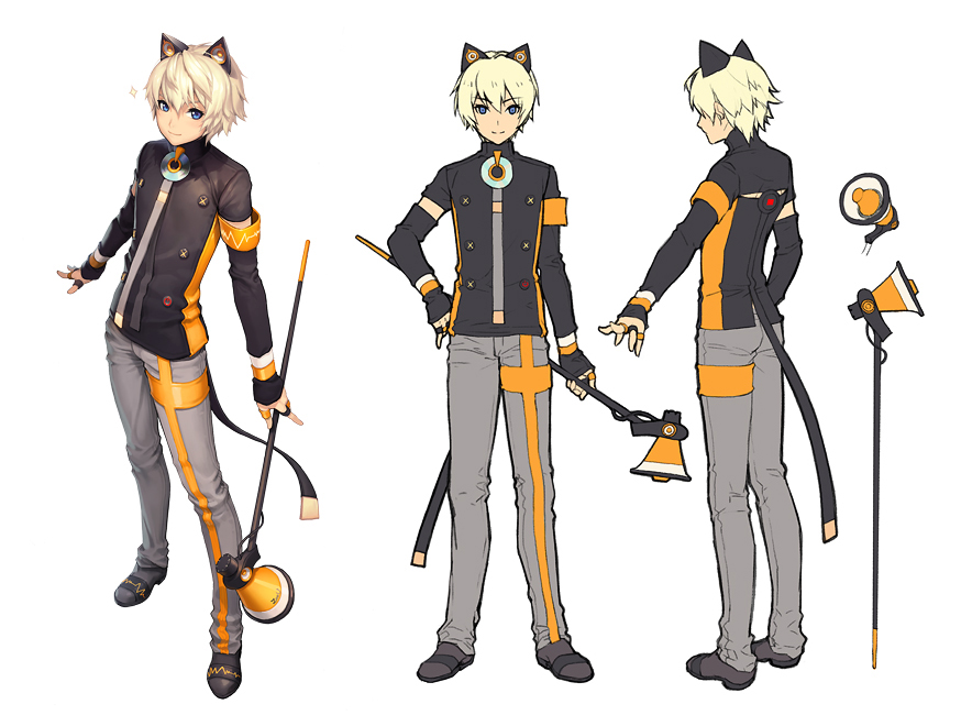 this image shows a male anime character design in a black and orange outfit. he has blonde hair with cat ears, and is holding a megaphone on a stick. he is shown in three different poses: front, back, and side.