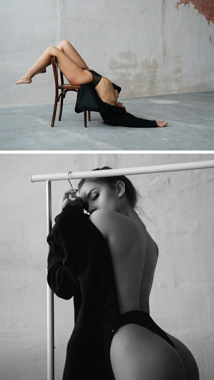 the image is a diptych, showing two different poses of the same female model.  the top half is a color image showcasing the model draped over a wooden chair. she's wearing a black bodysuit and is posed in a graceful, almost acrobatic, manner. her legs are extended, and she appears to be leaning backwards. the background is a textured concrete wall.the bottom half is a black and white image. the model is shown from the back, partially clothed in a black garment and facing away.  she's positioned near a simple clothing rack. the background is similar to the upper image, a plain concrete wall. both images emphasize the model's body and form, showcasing her posture and curves in a stylized and artistic manner.
