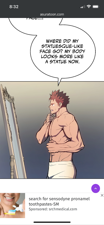 a shirtless man is looking at himself in a mirror. he's muscular and has a surprised look on his face as if he's wondering what happened to his face and why his body looks more like a statue now. this is a still from a comic book or webtoon.