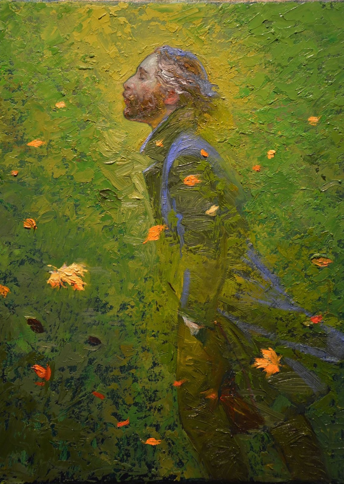 the painting depicts a man in a long coat standing amidst a field of green grass and scattered yellow flowers.  he is looking upwards with an expression of longing or contemplation, his hair and coat gently blowing in the wind. the lighting is soft and natural, casting a warm glow over the scene, suggesting either early morning or late afternoon light. the overall style of the painting evokes a sense of romanticism, capturing a fleeting moment of emotional intensity.