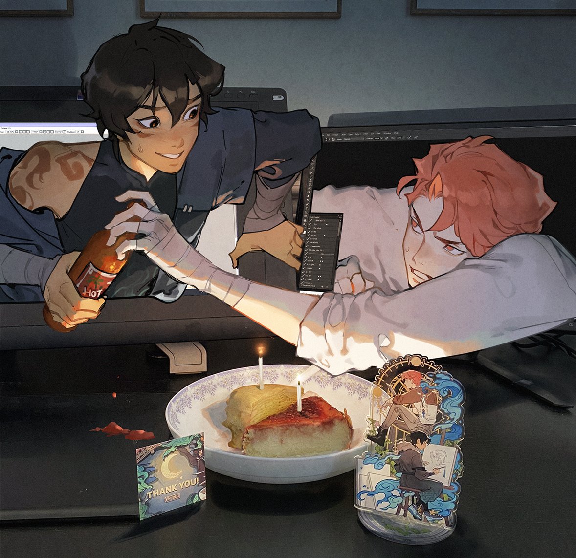 an animestyle illustration depicts two figures appearing through computer monitors, seemingly celebrating with cake and hot sauce. on the left, a character with dark hair holds a bottle labeled "hot," while on the right, a figure with red hair rests on the monitor's edge. a slice of cake with two lit candles sits on a plate in front, along with a thank you card and a character standee.
