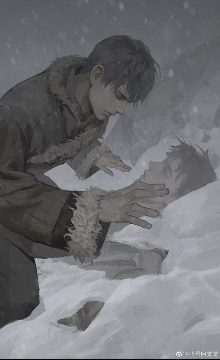 the image shows a man on his knees in the snow, grieving over another man who appears to be dead. the scene is somber and evokes a sense of sadness and loss. the snowcovered landscape emphasizes the coldness and harshness of the environment, while the soft lighting adds to the overall dramatic atmosphere.