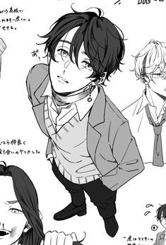 a black and white mangastyle drawing of a boy with black hair and glasses. he's wearing a collared shirt, sweater vest and blazer. his head is turned to the side and he's looking at the viewer. the image is a closeup, from the waist up, taken from a low angle, creating a sense of height and perspective. there are japanese characters scattered around the image, suggesting it's a page from a manga or doujinshi. the style is typical of shoujo or josei manga, with delicate lines and expressive eyes.
