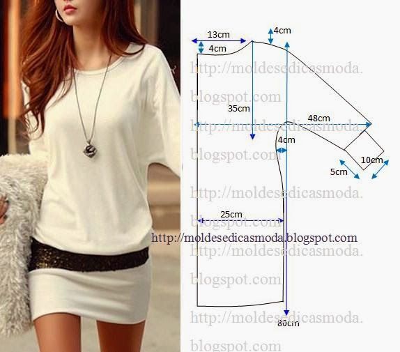 the image shows a woman wearing a dress or long top with a contrasting skirt, paired with a pattern diagram and measurements likely used for creating or altering such a garment.