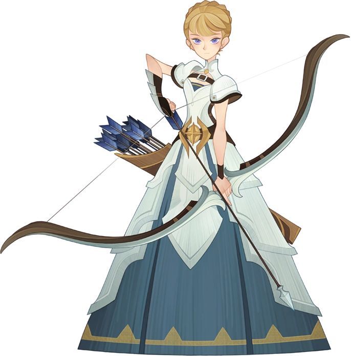 the image showcases a female character, presumably an archer, standing against a white background. she's adorned in a flowing white and blue dress with gold accents.  a quiver filled with arrows rests on her back, while she confidently holds a large bow in her left hand. her blonde hair is styled in a neat bun, and her expression is serious and determined.