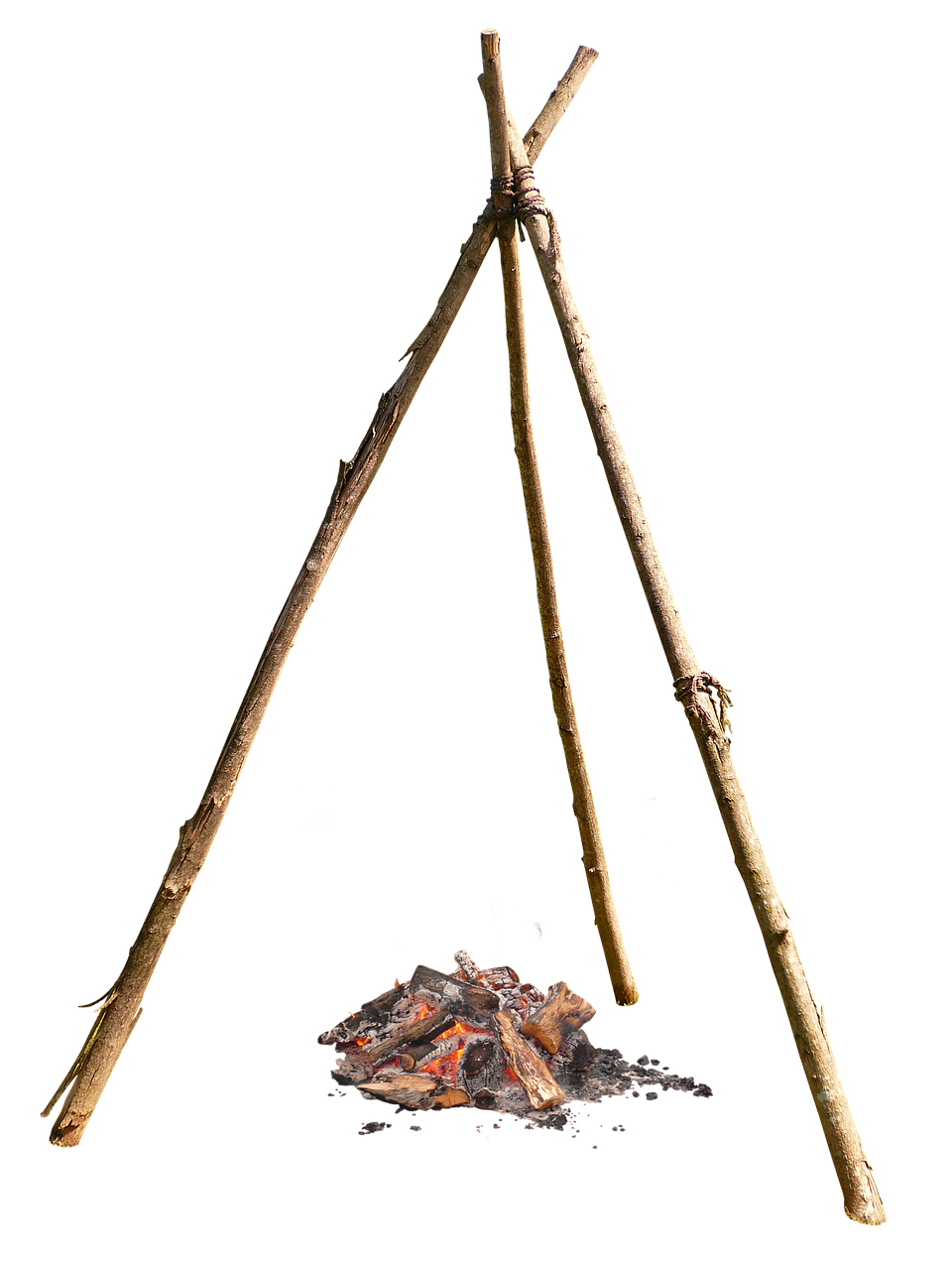 a small campfire sits on the ground with a tripod made of sticks standing over it. the fire is glowing with red and orange flames, and the sticks are arranged in a triangular shape.