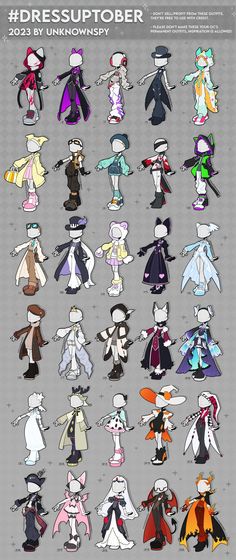 this image is a digital illustration showcasing a "dress up tober" challenge template for october 2023.  it features 35 distinct character bases, each with a unique pose, allowing artists to design various outfits. the figures have a stylized, animeinspired aesthetic and are presented in grayscale on a plain white background, ready for coloring and detailing.