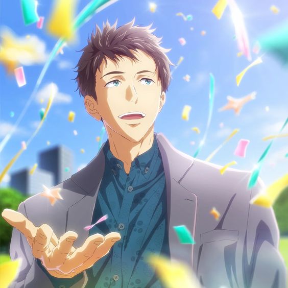 the image is a still from an anime film or tv show. the scene shows a young man in a suit standing in front of a cityscape. he is looking up and smiling. the sky behind him is blue and there is confetti floating in the air around him. the man seems happy and joyful.