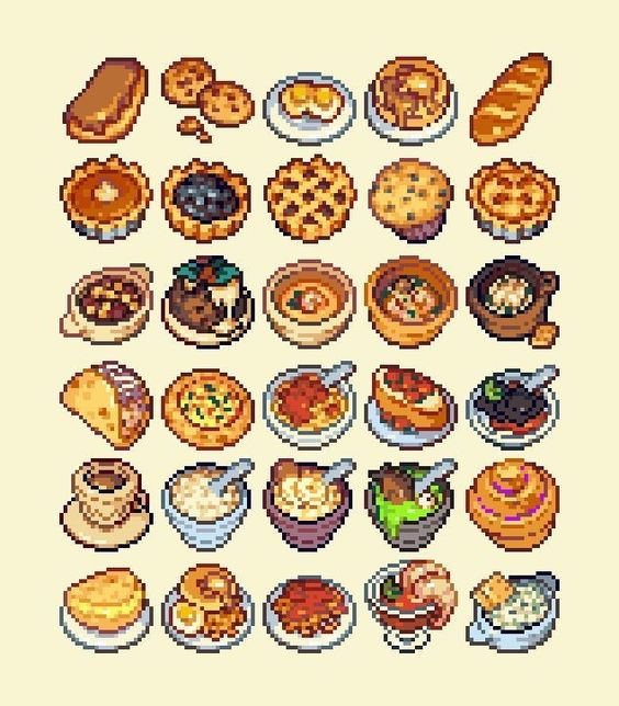 the image shows a grid of 30 pixel art icons of various foods and drinks. they appear to represent a variety of meals, including breakfast, lunch, and dinner options, as well as desserts.  the art style is charming and colorful, reminiscent of classic video games.