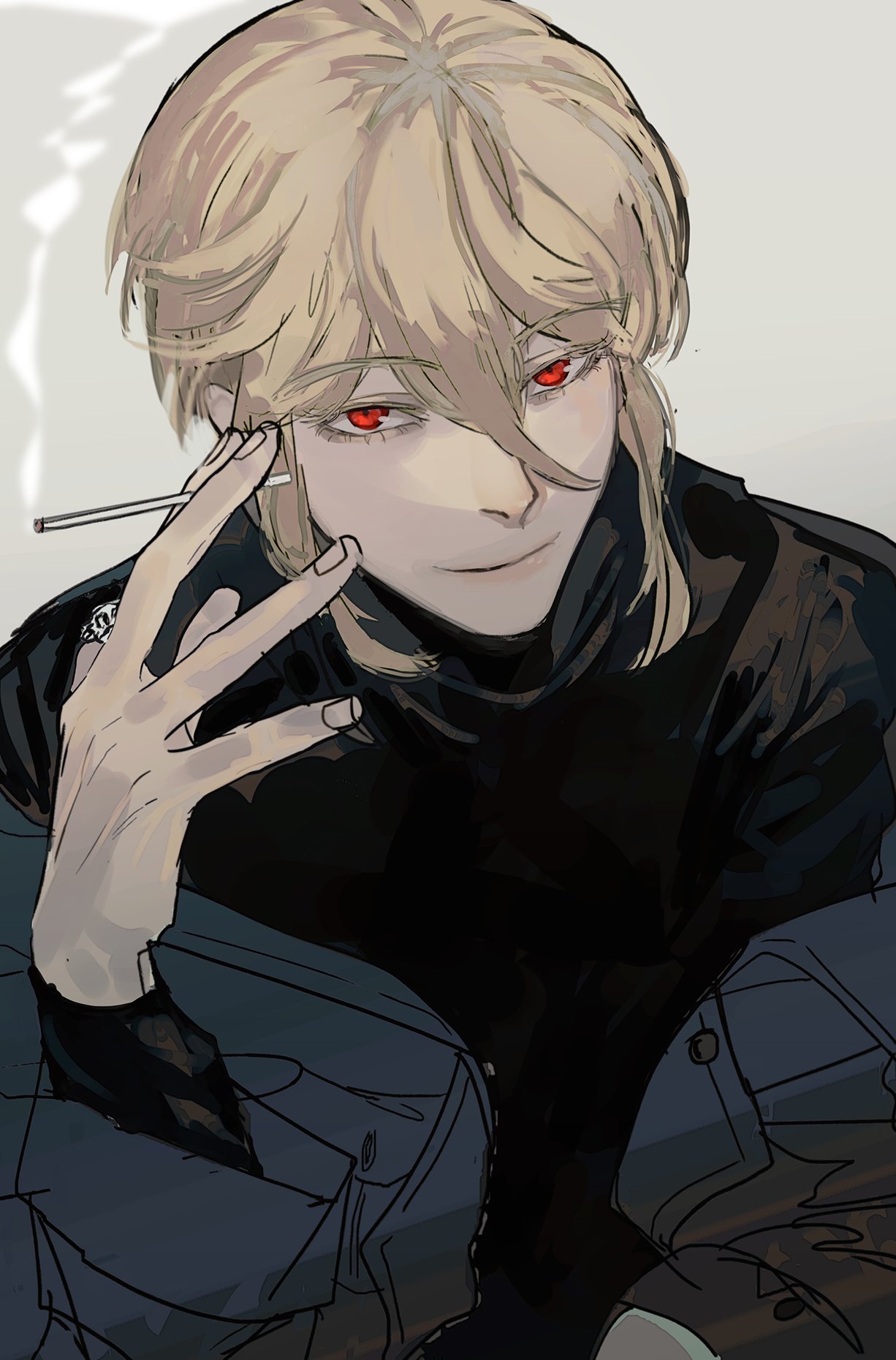 this is a digital art portrait of an anime male character with blond hair and red eyes. he is dressed in a black shirt with a dark jacket over it and is holding a cigarette in his hand. he is smiling and looks slightly mischievous. the background is a simple white and grey gradient.