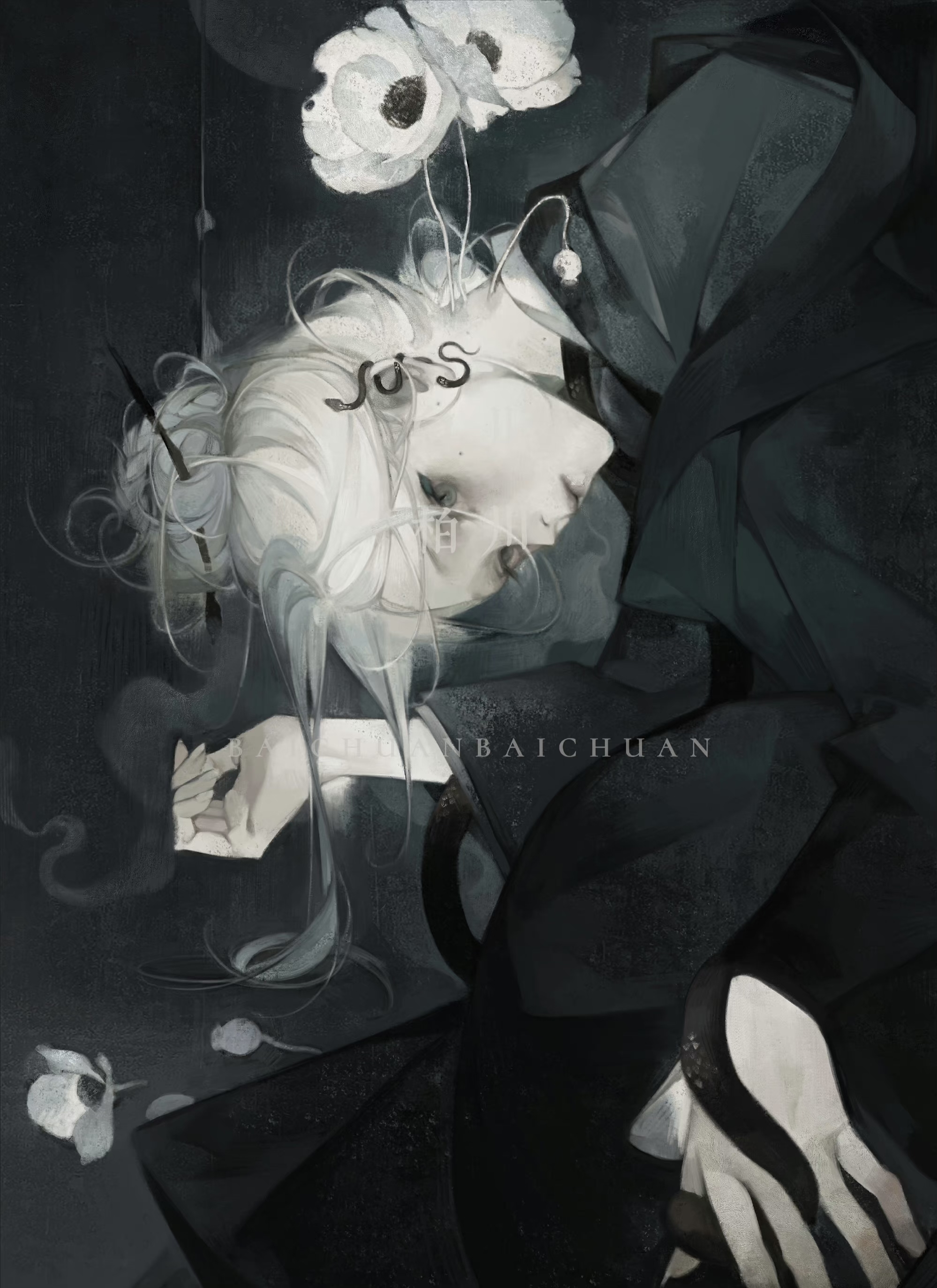 the image is a digital painting of an anime girl with white hair and white eyes. she is wearing a black dress and looks sad. she is surrounded by white flowers and has a mysterious air about her. the image is dark and elegant, and the girl is portrayed in a fantasy world. the painting is very detailed and captures the mood of the girl perfectly. the image is a beautiful example of digital art.