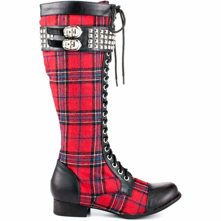 a single kneehigh laceup boot with a red and black plaid pattern, accented with black leather trim, silver studs, and buckles. the boot features a round toe and a low heel.