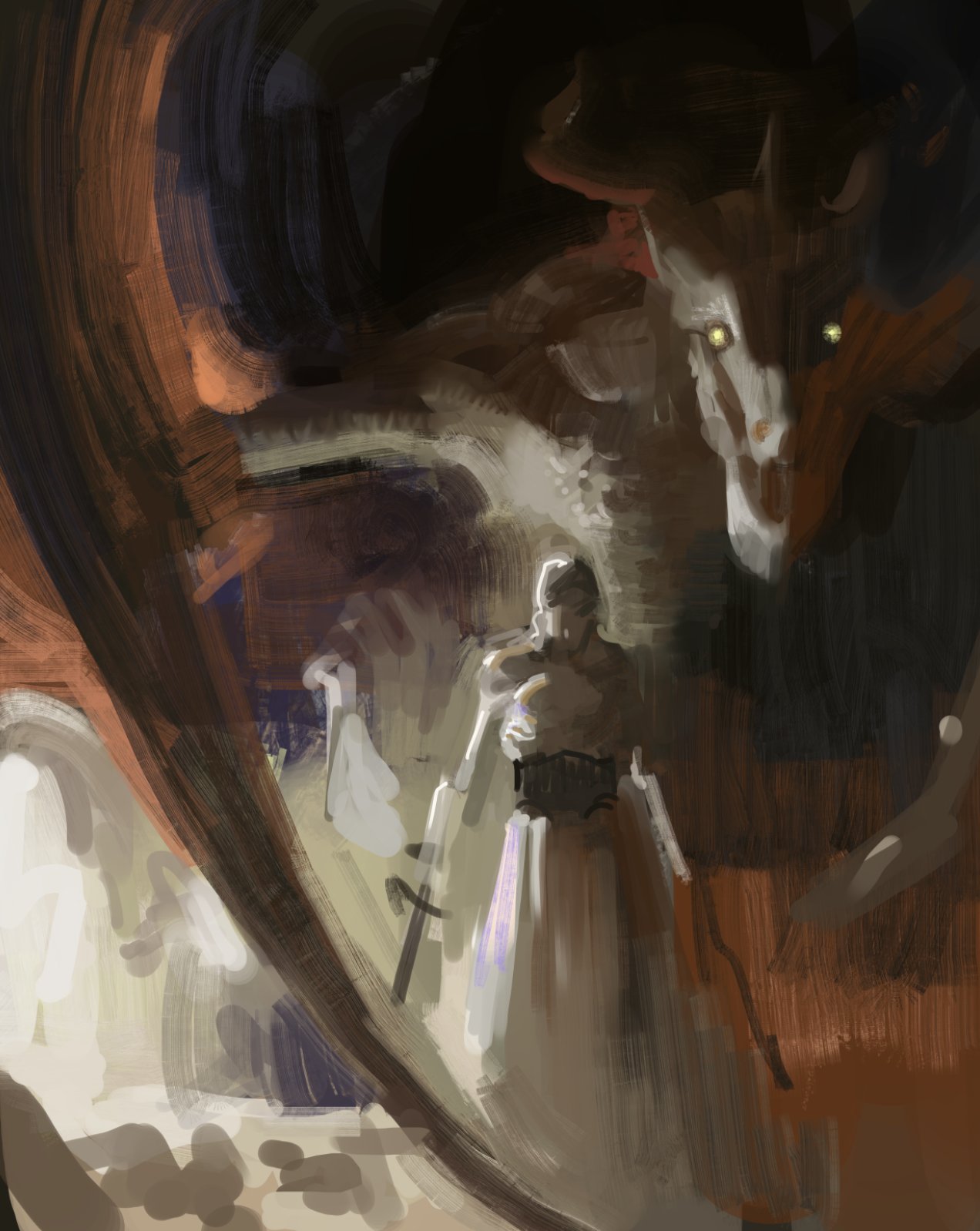 a woman in a white dress and a sword is standing in front of a dragon, their eyes are lit up and the dragon is staring at her, she is looking straight forward. the woman's expression is not visible and there are shadows all around. this is a dark, fantasy illustration that depicts a woman facing a dragon.