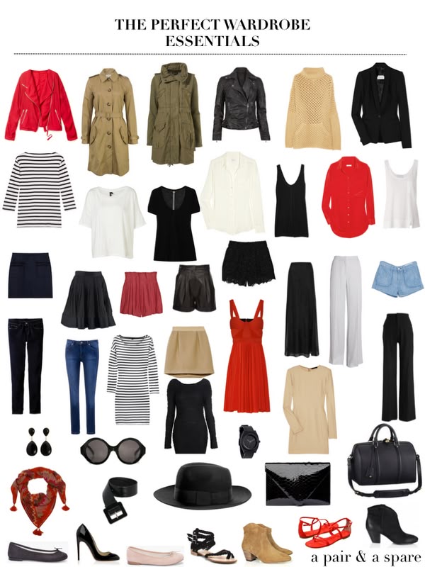the image is a collage titled "the perfect wardrobe essentials". it displays a variety of clothing items and accessories including jackets, coats, tops, skirts, shorts, dresses, pants, jeans, earrings, scarf, sunglasses, belt, hat, watch, clutch, bag, and shoes in various colors such as black, white, red, beige, navy, green, and tan. the items are arranged to represent a complete wardrobe for diverse occasions.