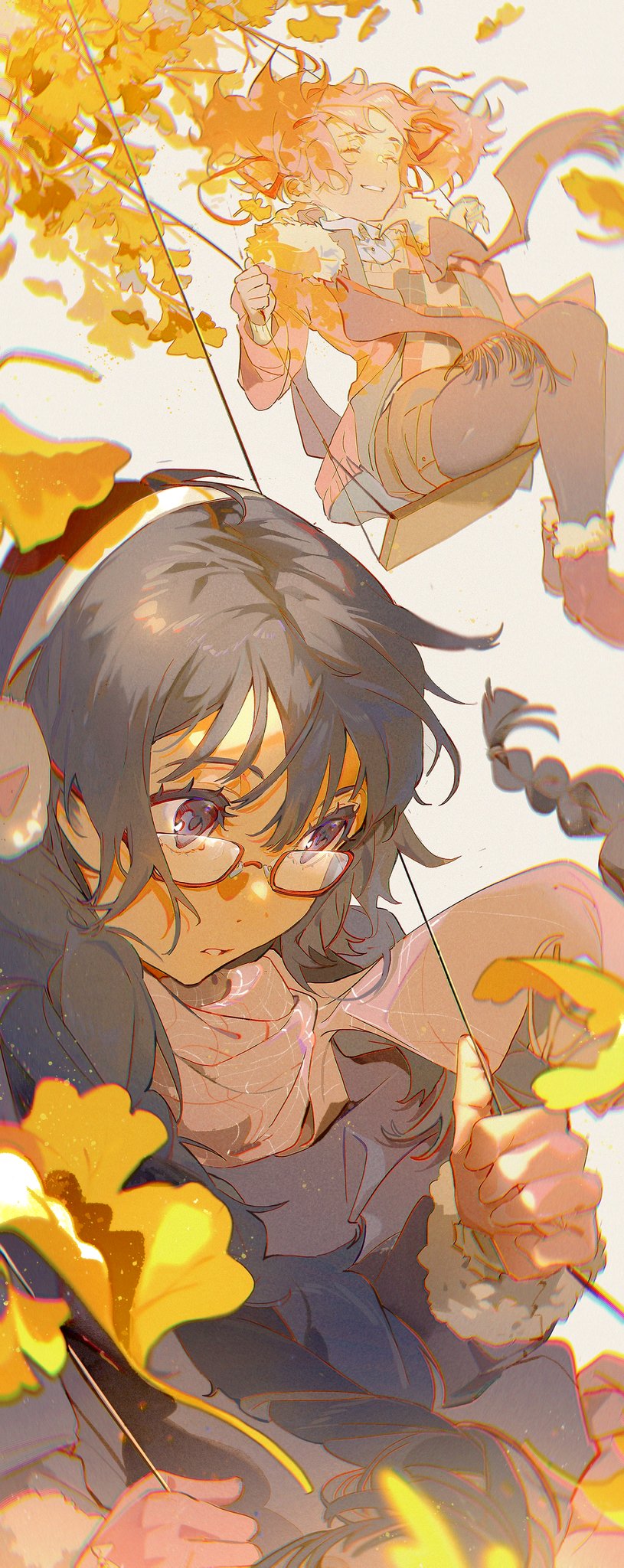 the image is a digital illustration of two anime girls. the girl in the foreground is wearing a dark blue jacket, black pants, and glasses. she has long brown hair with some of her hair pulled back. she is looking at the camera and smiling. the girl in the background is wearing a pink jacket, dark blue pants, and brown boots. she is swinging from a swing and looking over her shoulder at the camera. she also has long brown hair with a lot of it pulled back. both girls have brown eyes. the girls appear to be friends and are enjoying each other's company. the background of the image is filled with yellow leaves, as if it is fall time. there is a thin thread going from the swing to the girl in the foreground. the picture is colorful and cheerful.