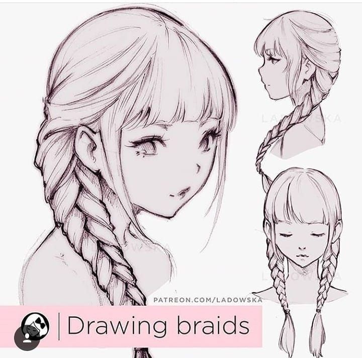 the image is a drawing tutorial on how to draw braids. there is one main drawing of a woman with a side braid and two smaller drawings that show different angles of the braid. the main drawing is in black and white, and the smaller drawings are in grayscale.