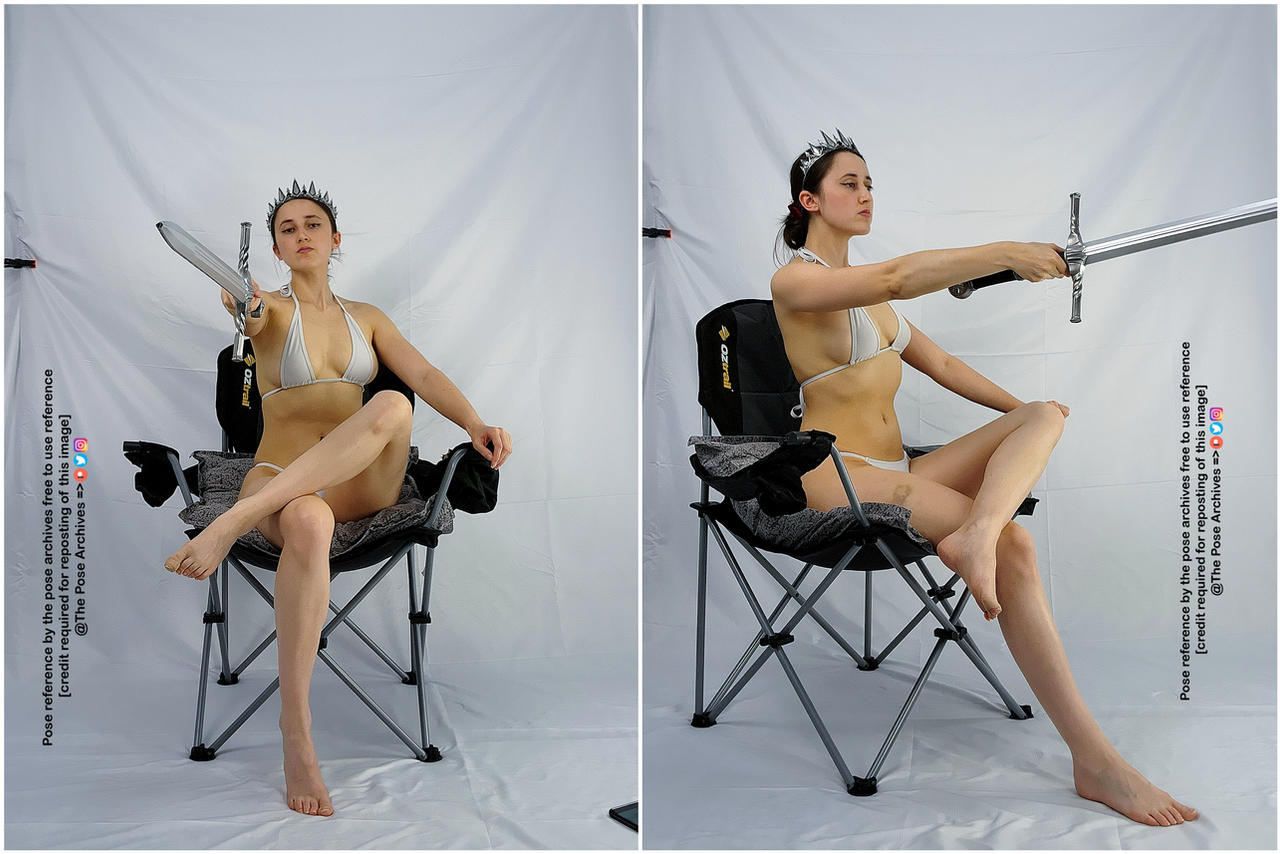 two poses of the same young adult female wearing a bikini and a crown, wielding a sword while seated on a camp chair, set against a plain white backdrop. these images are intended as pose references for artists.