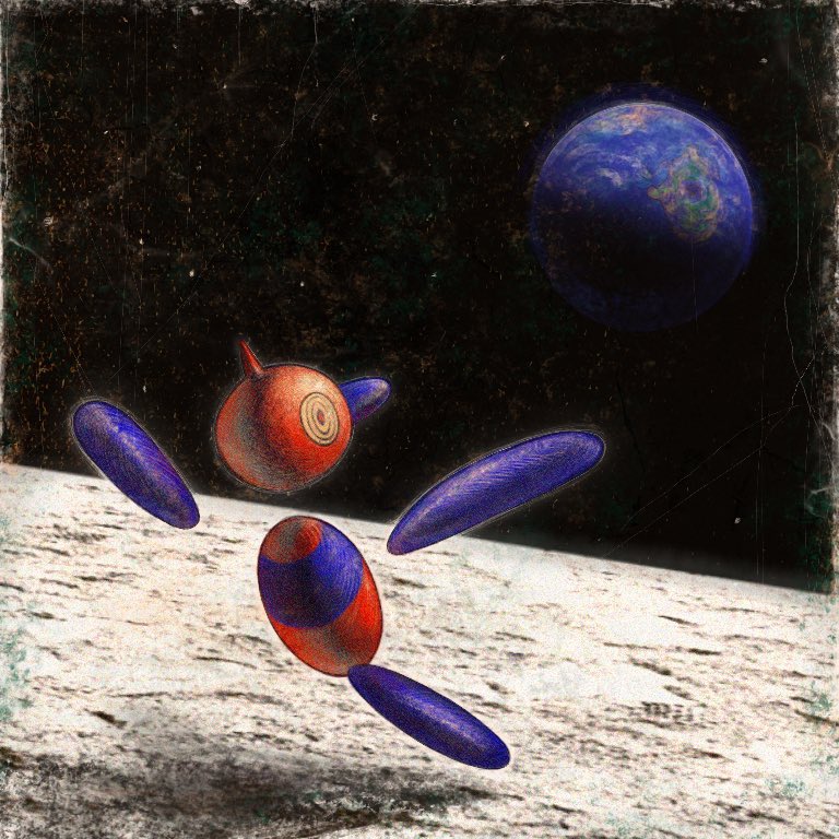 a vintagestyle illustration of porygon, a digital monster, floating in space above a moonlike surface with a planet visible in the background. porygon is depicted in red and blue hues with ovalshaped parts. the illustration has a weathered, oldfashioned aesthetic.