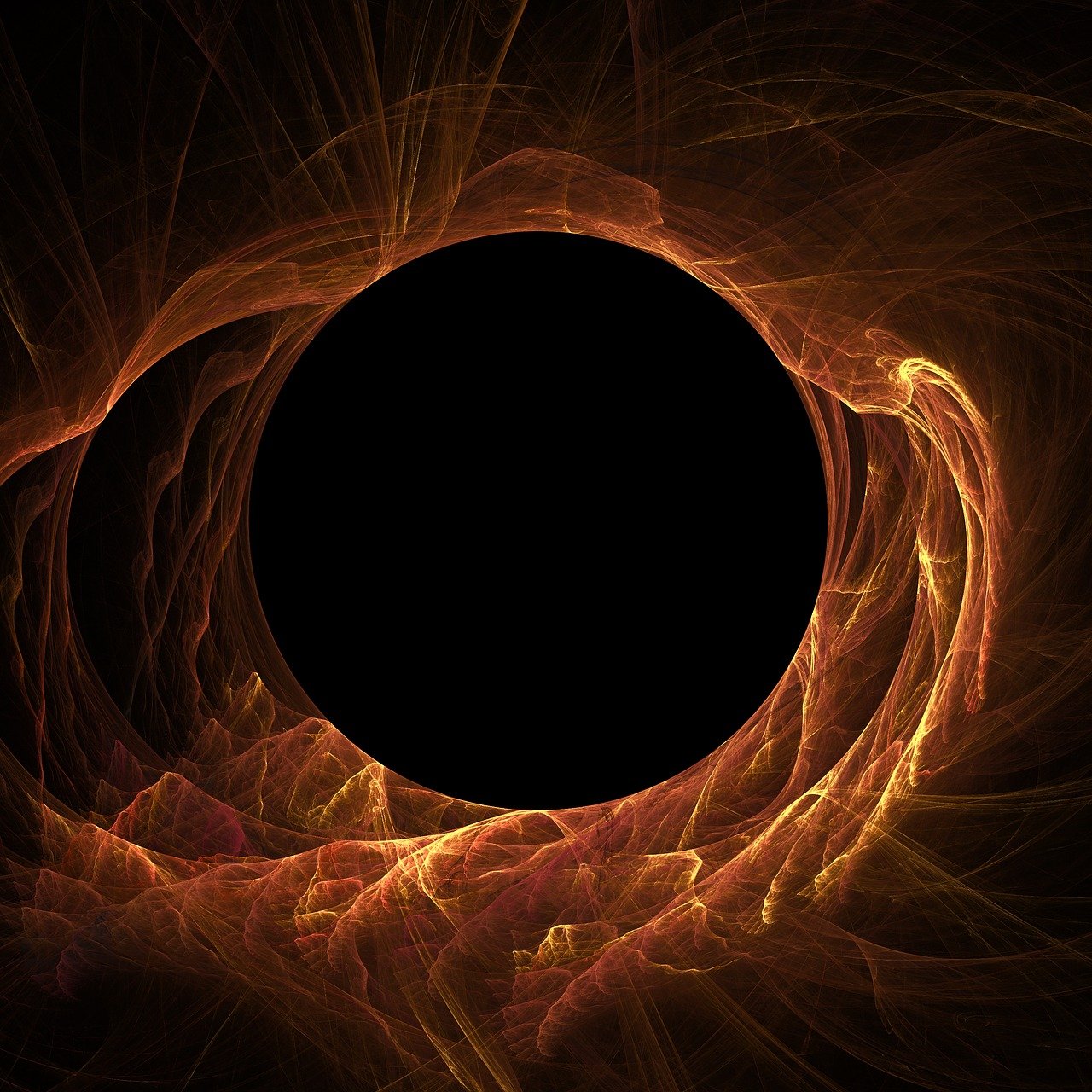 this is an abstract image of a black circle resembling a black hole surrounded by a wavy, fractal pattern in shades of orange and yellow, resembling light and smoke. the texture appears dark and atmospheric.