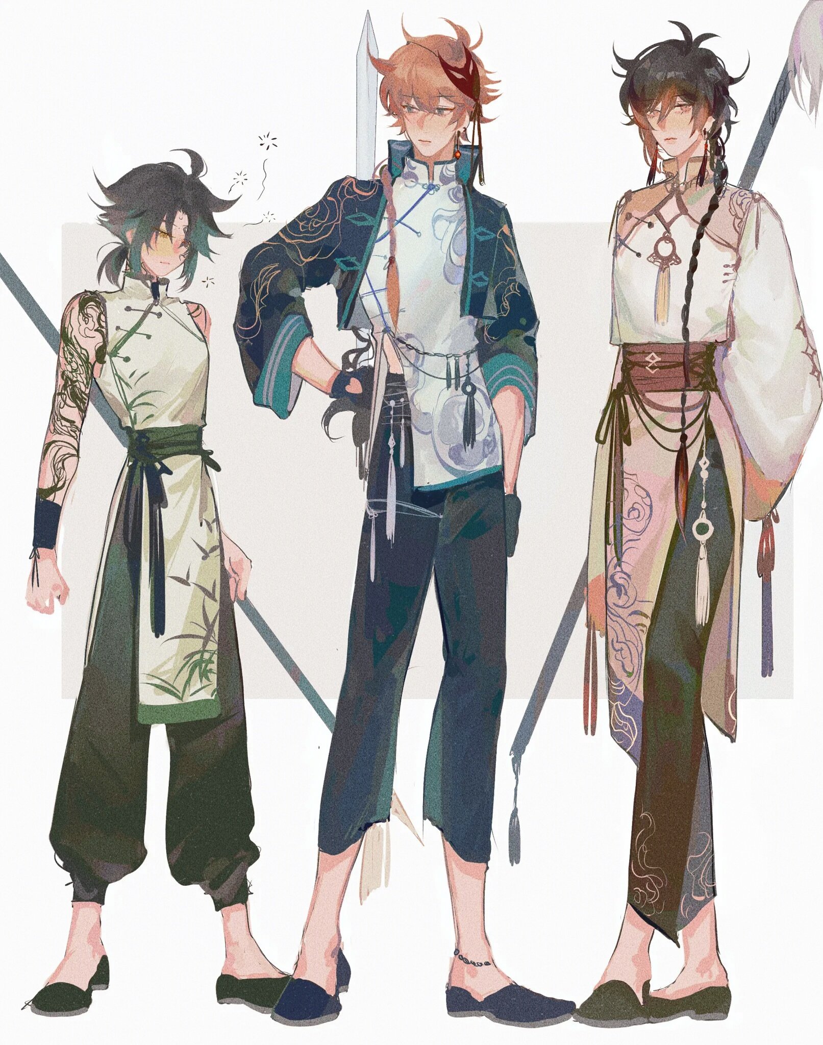 he image showcases a digital painting of three animestyle male characters, seemingly inspired by the game genshin impact. they are depicted in elegant, traditional chinese clothing (hanfu), each with unique designs and color schemes.  one character has orange hair and wears a darker, more ornate outfit. another has dark hair and a lighter, flowing ensemble.  the third character, with dark hair, wears a simpler yet sophisticated outfit.  each character has a distinct personality conveyed through their posture and expression.  weapons, possibly swords and a spear, are subtly incorporated into the background, suggesting a narrative element or connection to combat. the overall style is sophisticated and blends fantasy elements with a visually appealing aesthetic.