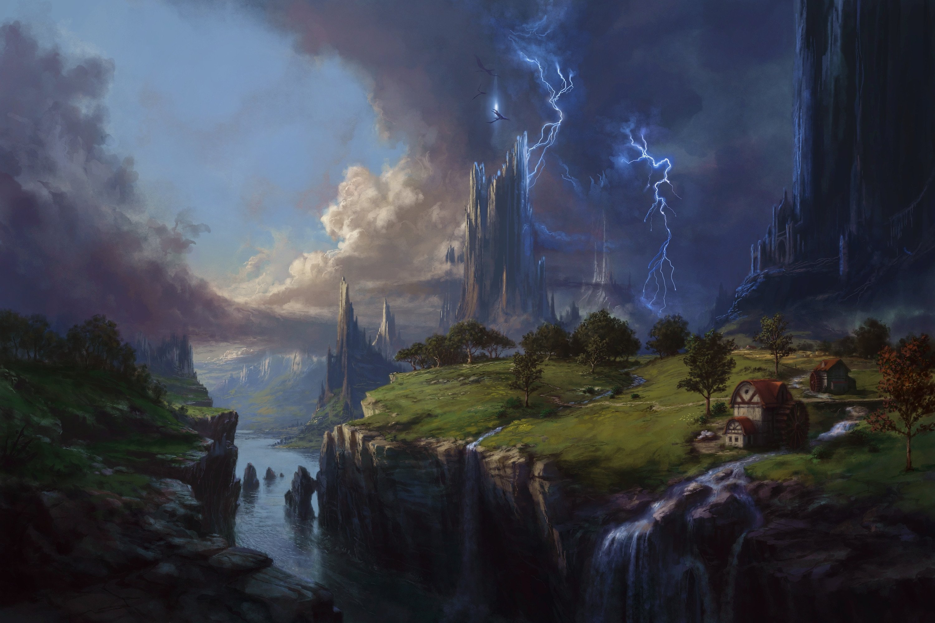 the image showcases a breathtaking fantasy landscape dominated by towering, majestic mountains and cliffs. a river meanders through the valley, leading the eye towards a cluster of houses and a windmill nestled in a verdant meadow.  dramatic lighting from a powerful lightning storm illuminates a tall, lightcolored castle in the center, contrasting with a dark, imposing castle on the right.  two dragons are seen flying near the bright castle, silhouetted against the storm clouds. the scene is a vibrant blend of light and shadow, creating a sense of awe and wonder. the overall style suggests digital painting or illustration.