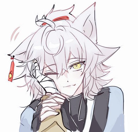 this is a drawing of an anime boy with white hair and cat ears. he is smiling with his hand on his chin. he is wearing a red string on his hair.